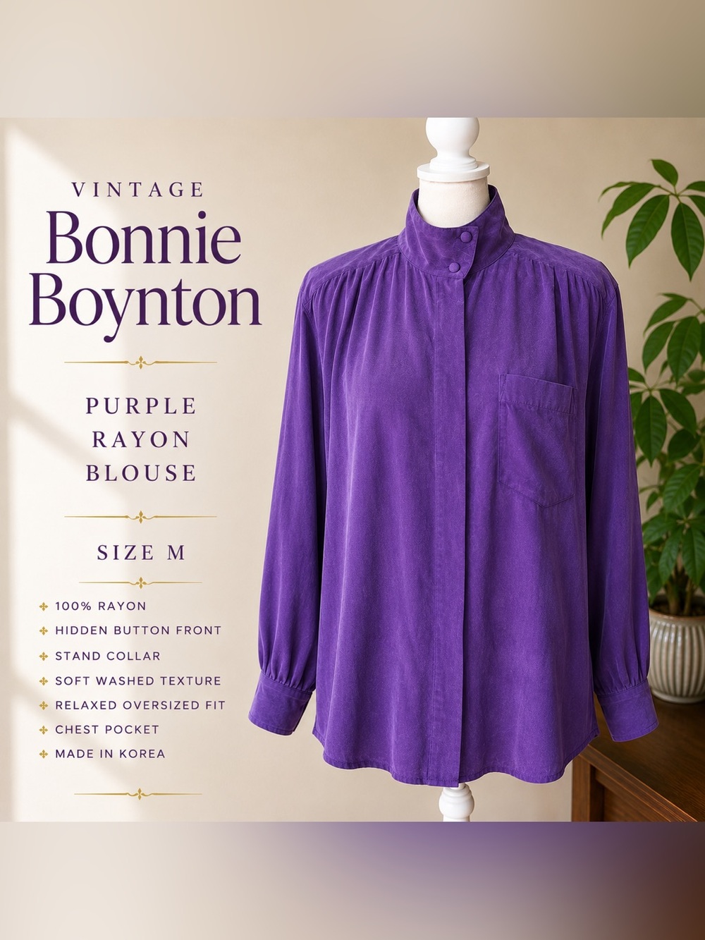 Vintage 80's Bonnie Boynton Purple Rayon Blouse Made in USA Size M